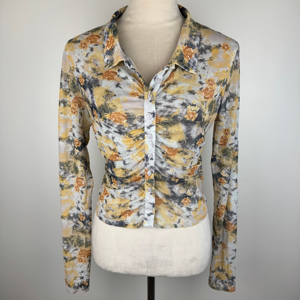 Y2K Birch and Stone Womens Dragon Floral Mesh Ruched Button Front Top Grey Gold